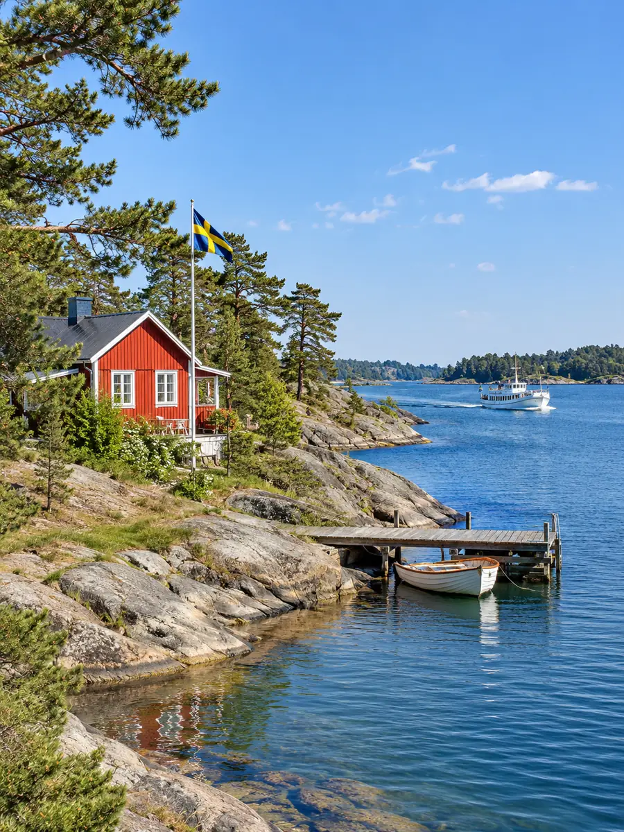 Ett rött trähus med vita fönsterkarmar på en granitstrand bland tallar, en liten brygga med en roddbåt, lugnt blått vatten.