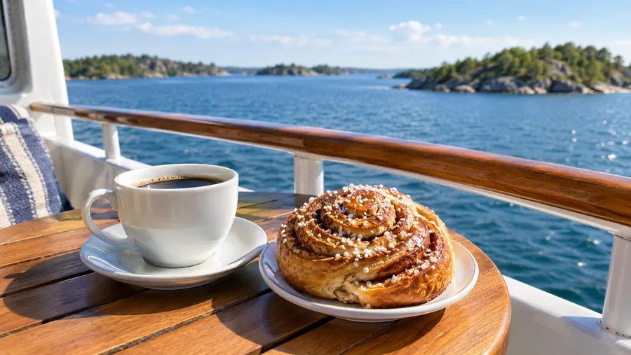En kopp kaffe och en kanelbulle på ett litet bord vid en båträcke, öar och blått vatten i bakgrunden