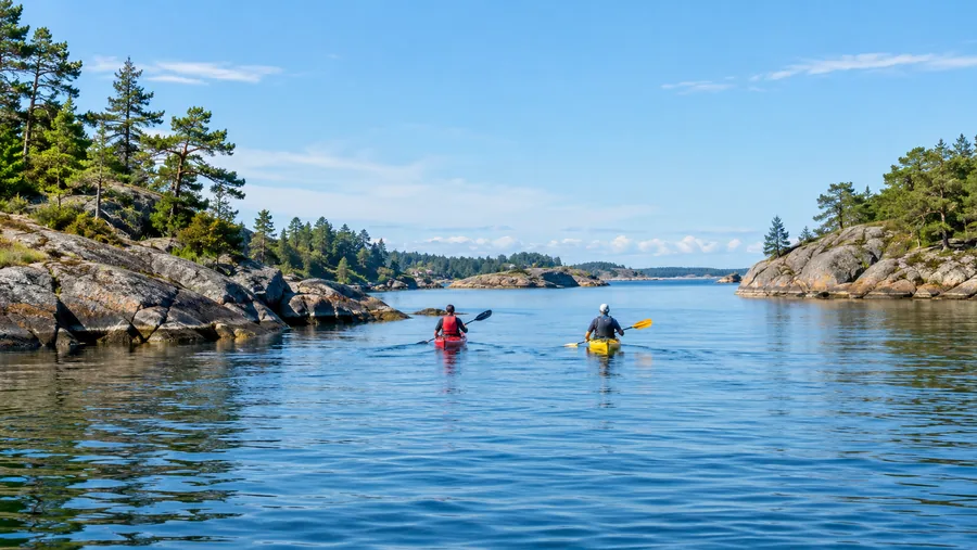 Två havskajaker, en röd och en gul, som paddlar mellan tallbevuxna granitöar i lugnt vatten