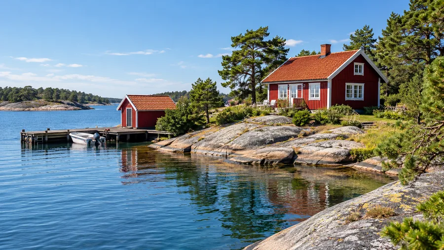 Ett rött trähus med vita hörn, en båthus och en brygga på en granitö bland tallar.