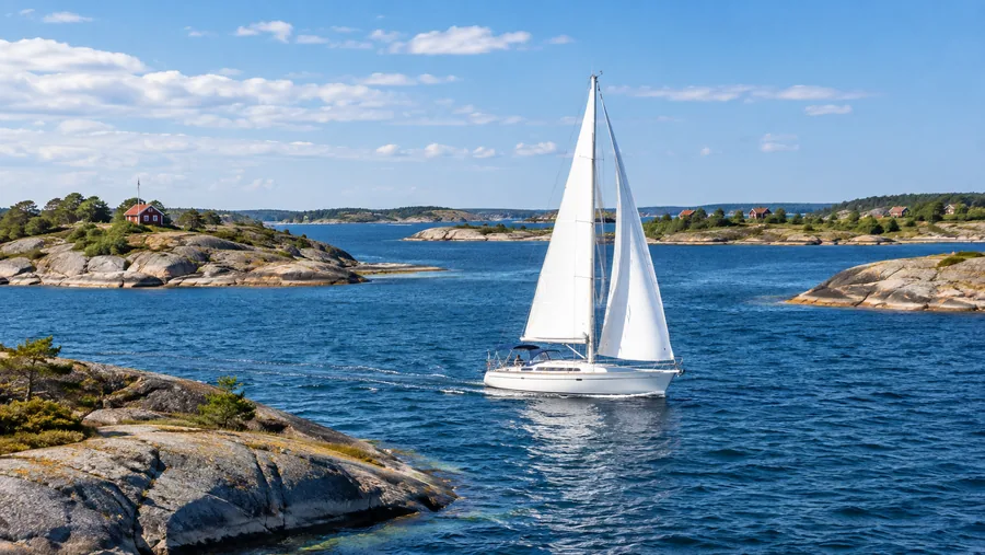 En vit segelbåt med fulla segel som glider mellan låga klippiga öar i yttre skärgården